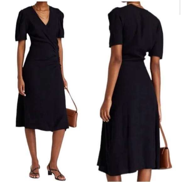Flaw BA&SH Oya Faux Wrap Textured Crepe Midi Dress Navy Blue/Black Size Large - Picture 1 of 11